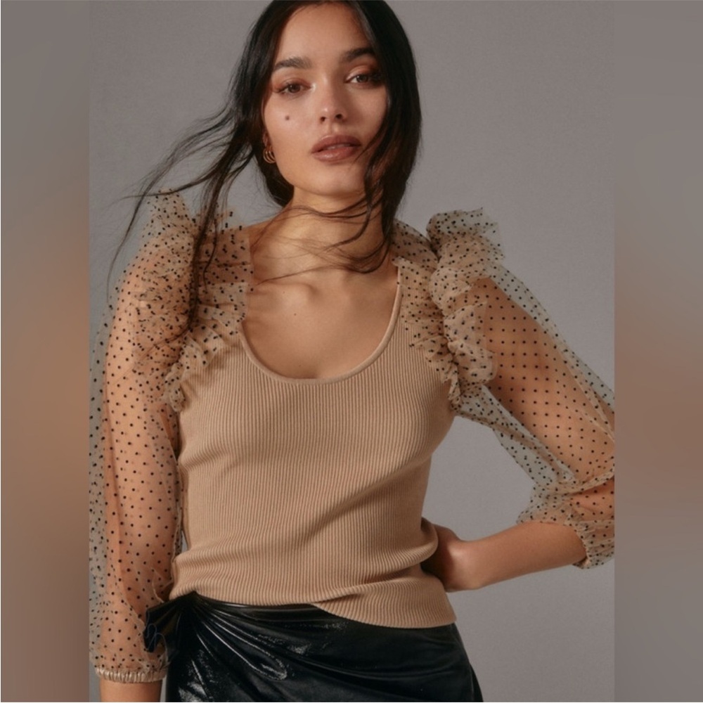 Anthropologie Dolan Tan Top with Sheer Polka Dot Sleeves M